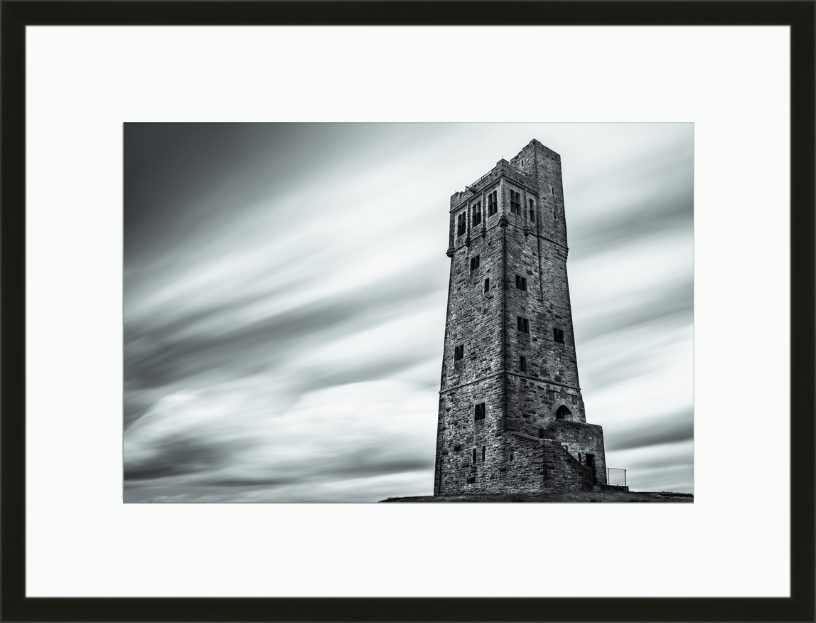 Framed and mounted photograph of the Victoria Tower on Castle Hill in Huddersfield.