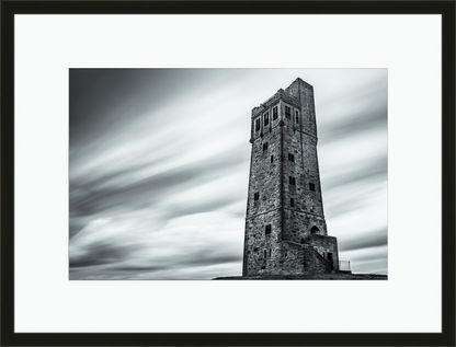 Framed and mounted photograph of the Victoria Tower on Castle Hill in Huddersfield.